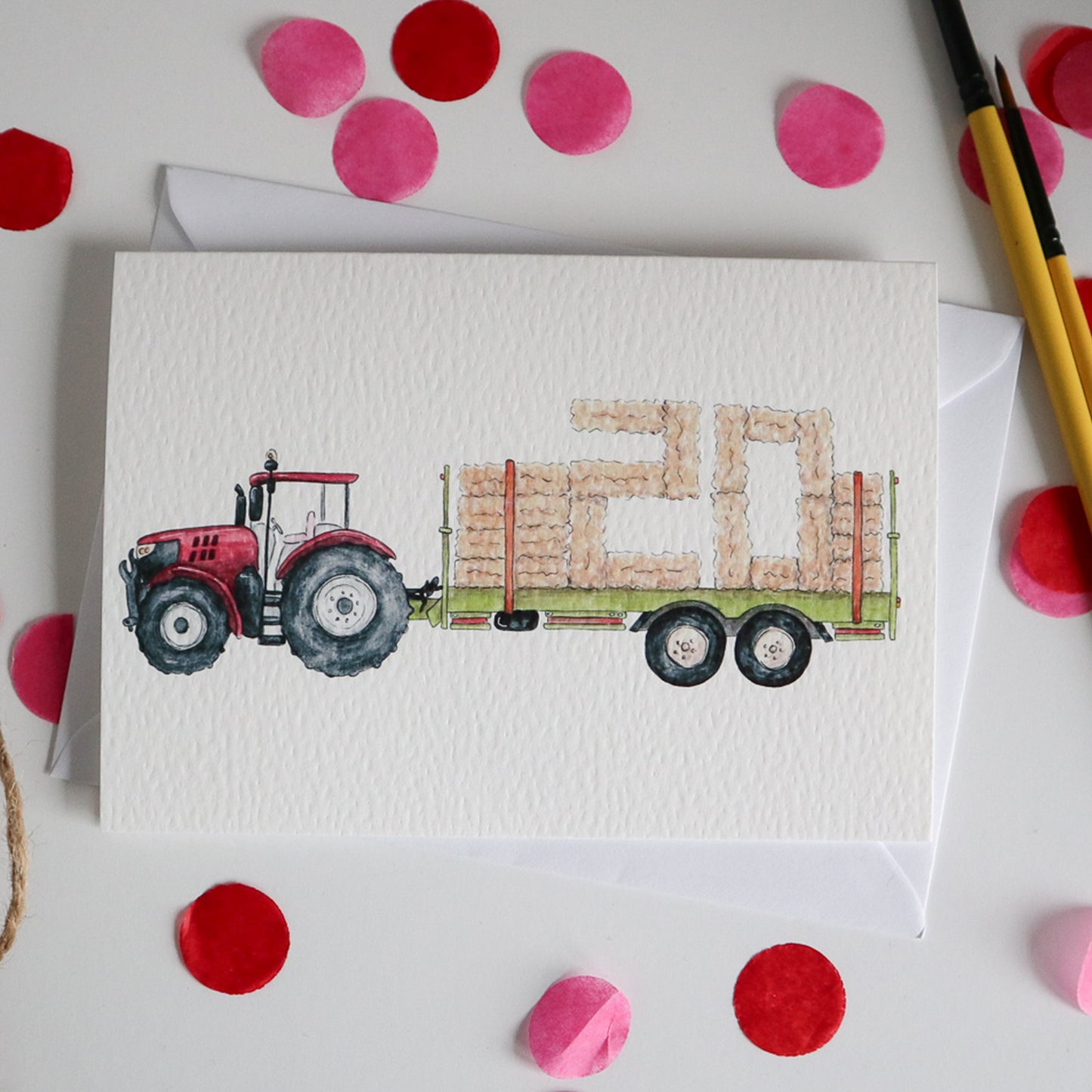 Red Tractor and Trailer 20th Birthday Card
