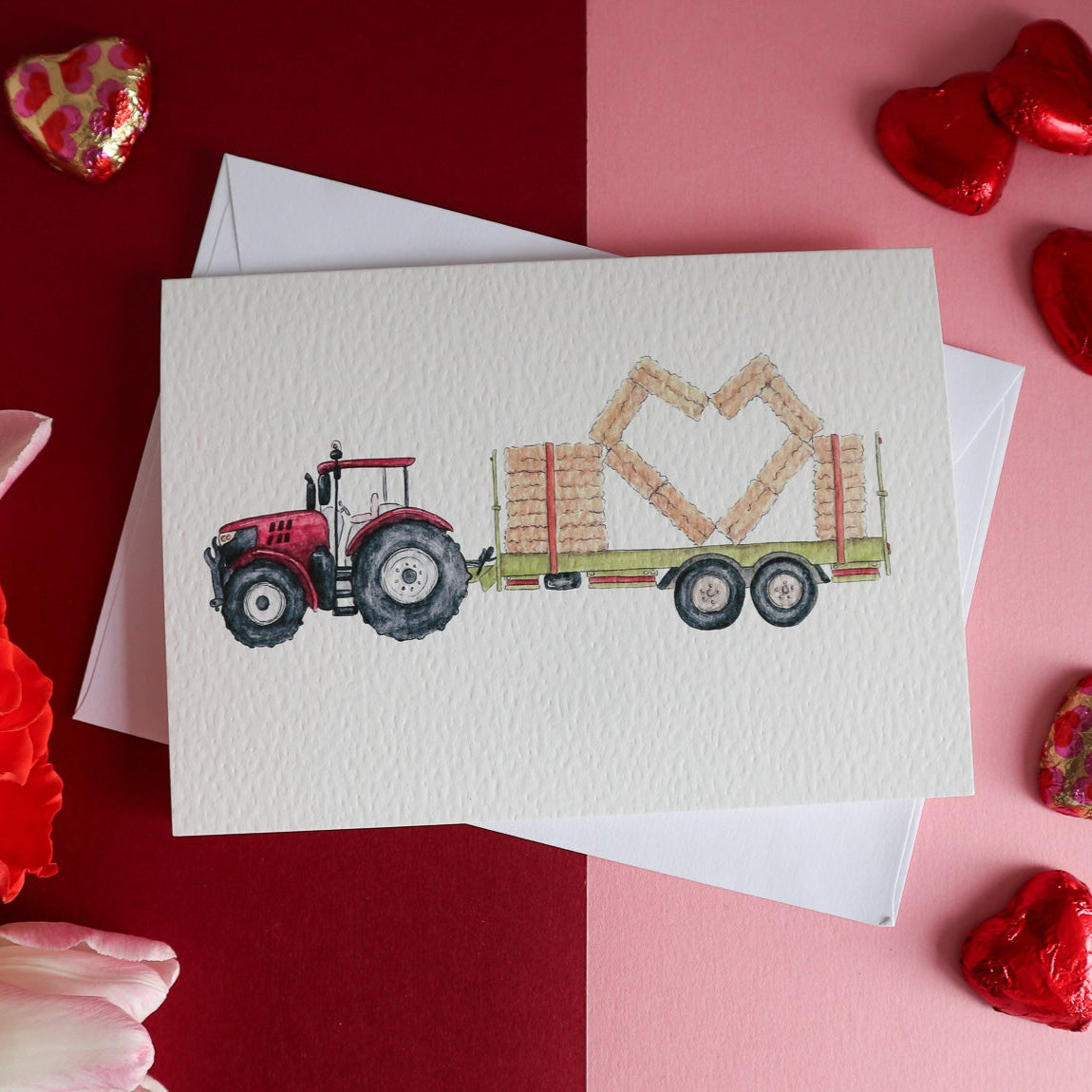 Red Tractor and Trailer Heart Card