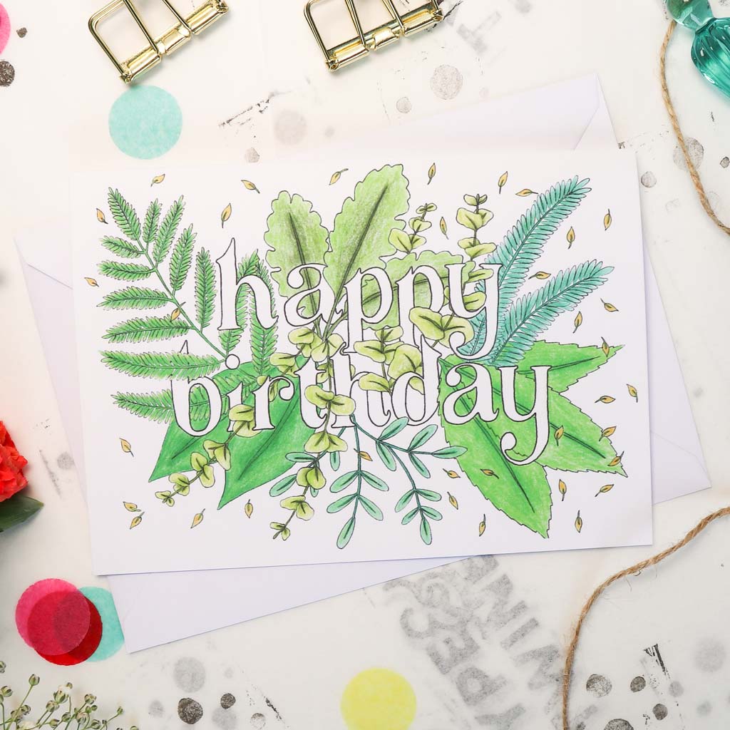 Happy Birthday Leaf Lettering Card