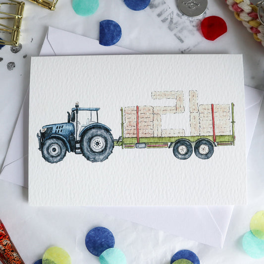 Blue Tractor and Trailer 21st Birthday Card