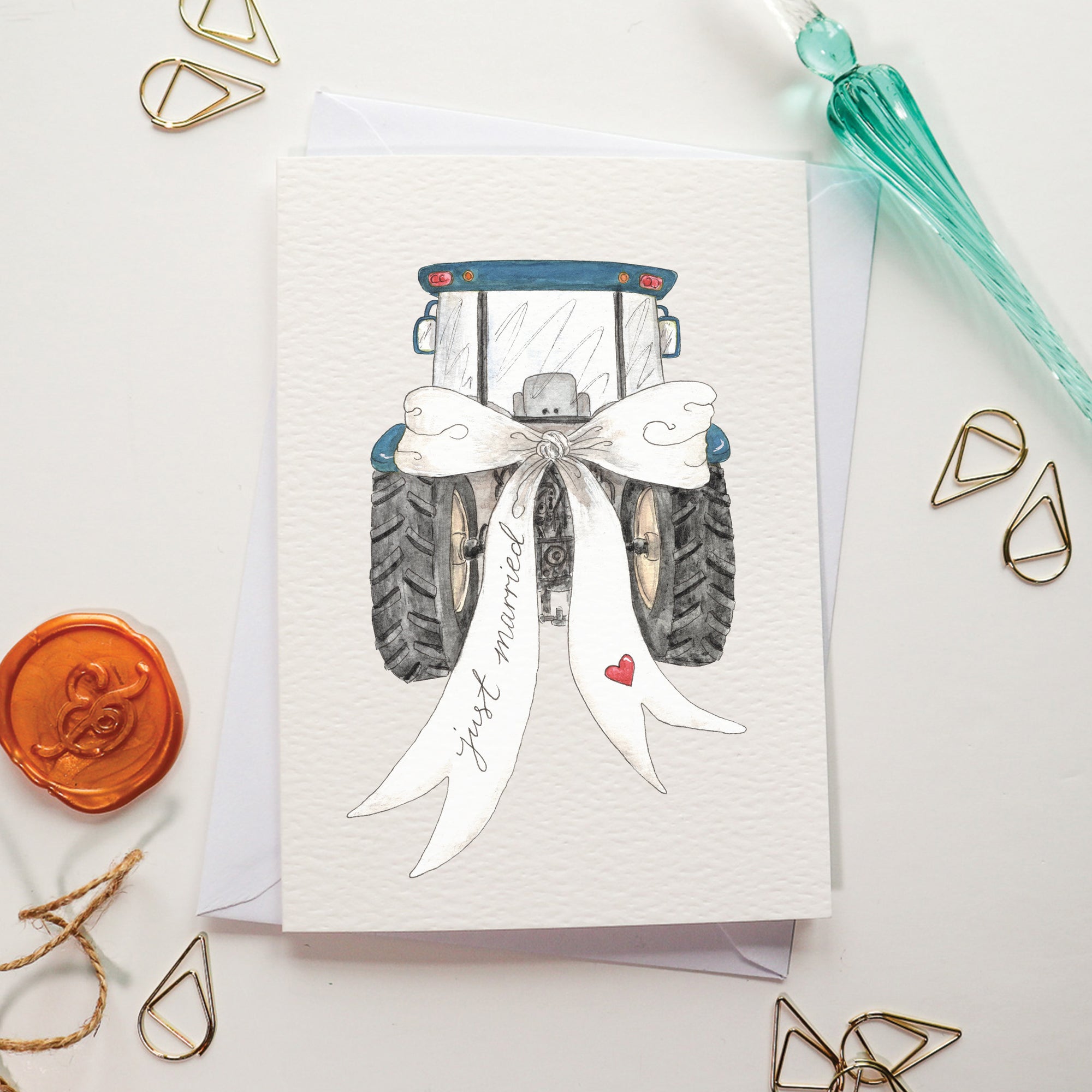 Just Married Bow Tractor Card