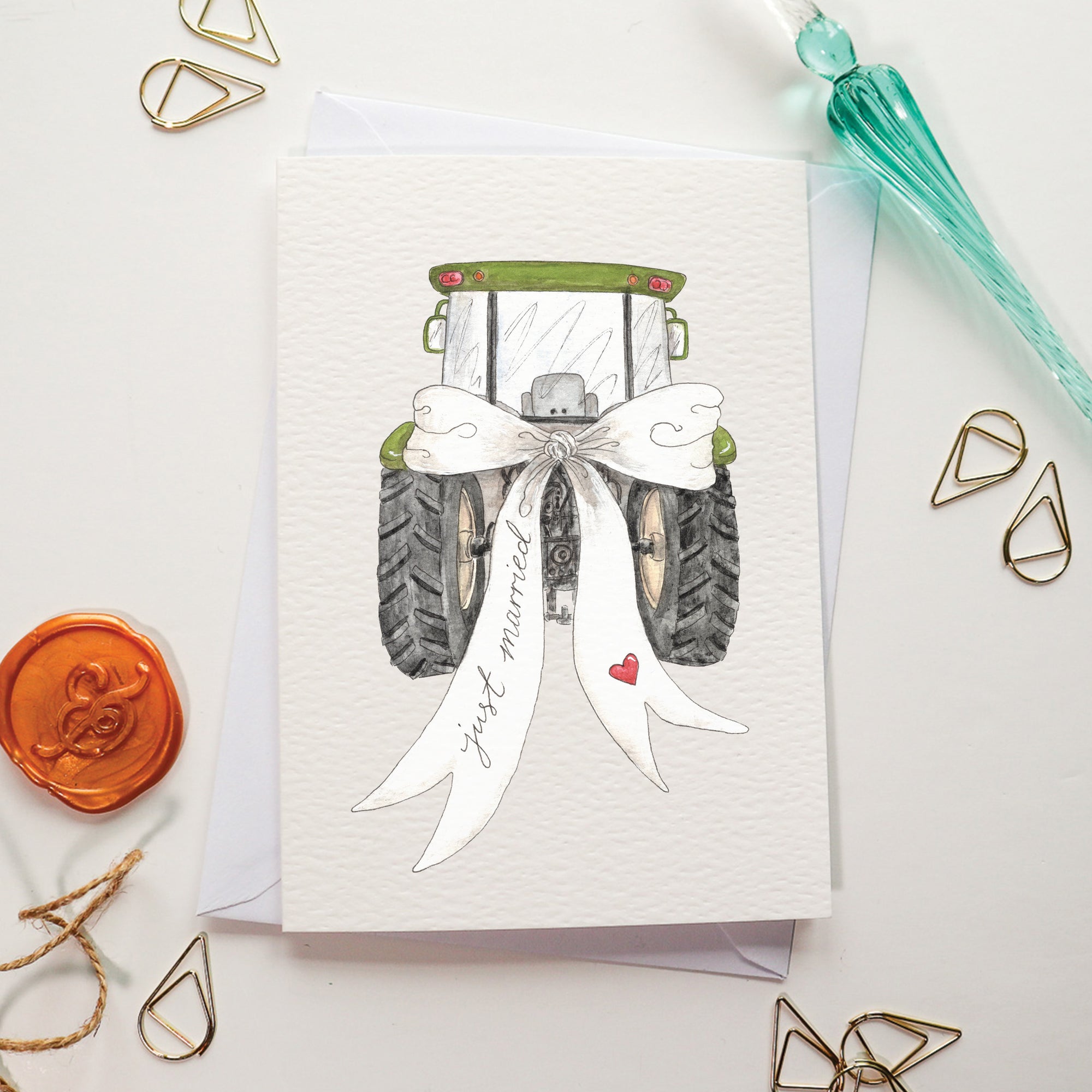 Just Married Bow Tractor Card