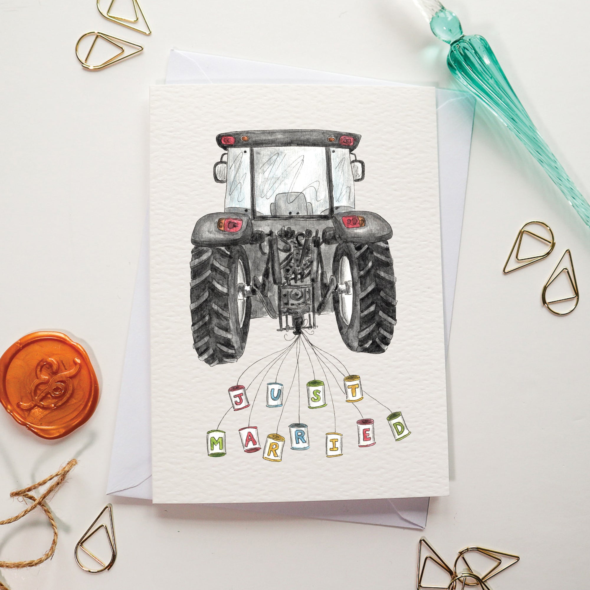 Just Married Cans Tractor Card