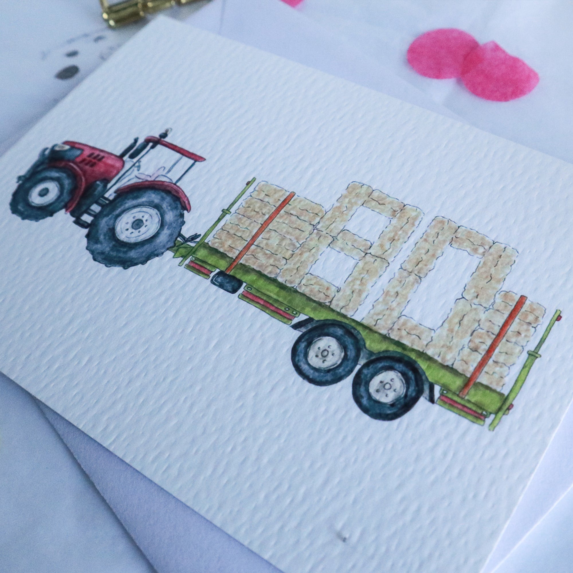 Red Tractor and Trailer 80th Birthday Card