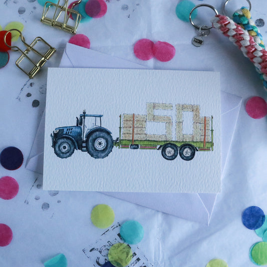 Blue Tractor and Trailer 50th Birthday Card