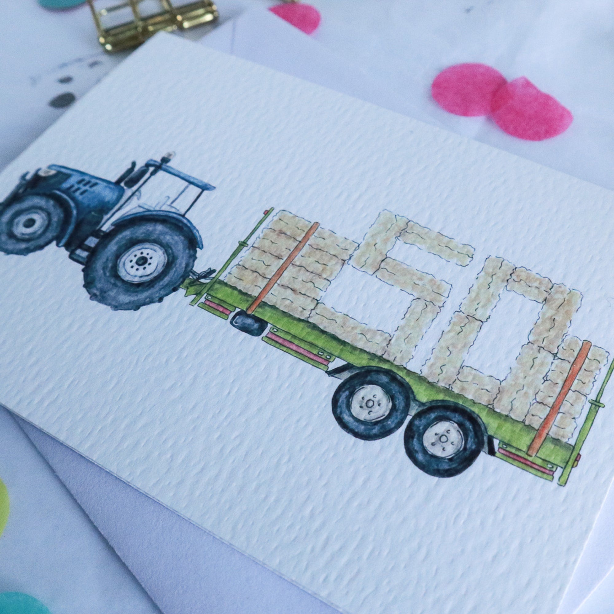 Blue Tractor and Trailer 50th Birthday Card