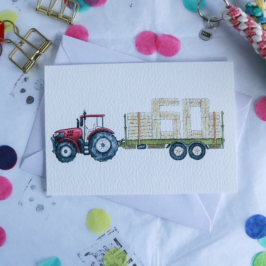 Red Tractor and Trailer 60th Birthday Card