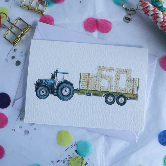 Blue Tractor and Trailer 60th Birthday Card