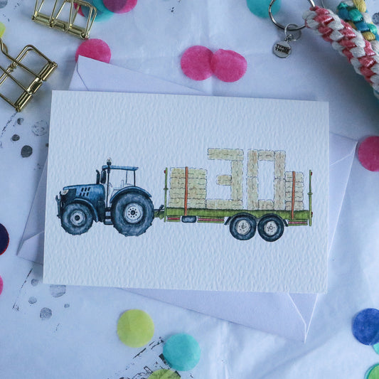 Blue Tractor and Trailer 30th Birthday Card