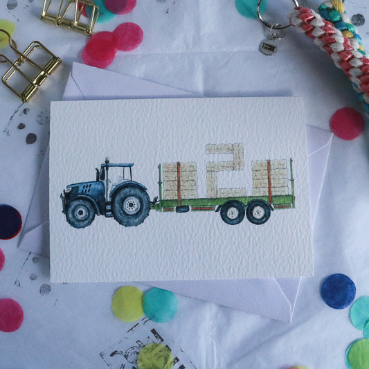 Blue Tractor and Trailer 2nd Birthday Card