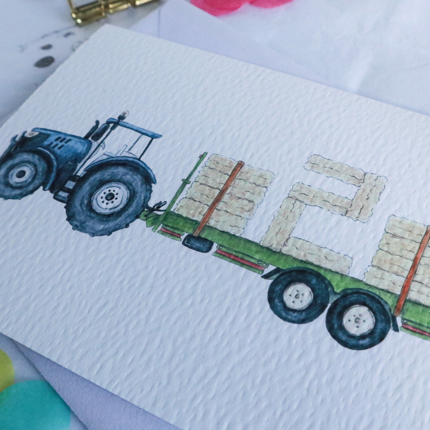 Blue Tractor and Trailer 2nd Birthday Card