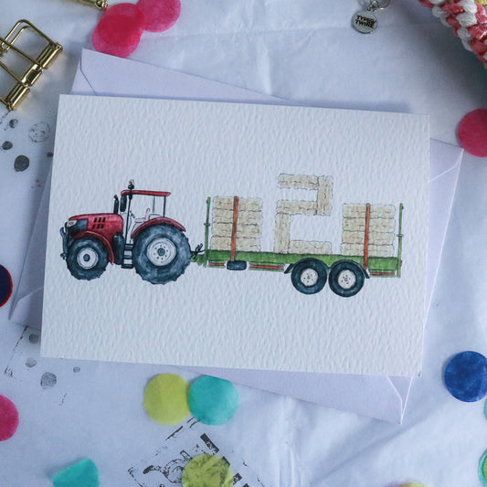 Red Tractor and Trailer 2nd Birthday Card