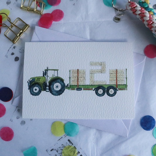 Green Tractor and Trailer 2nd Birthday Card