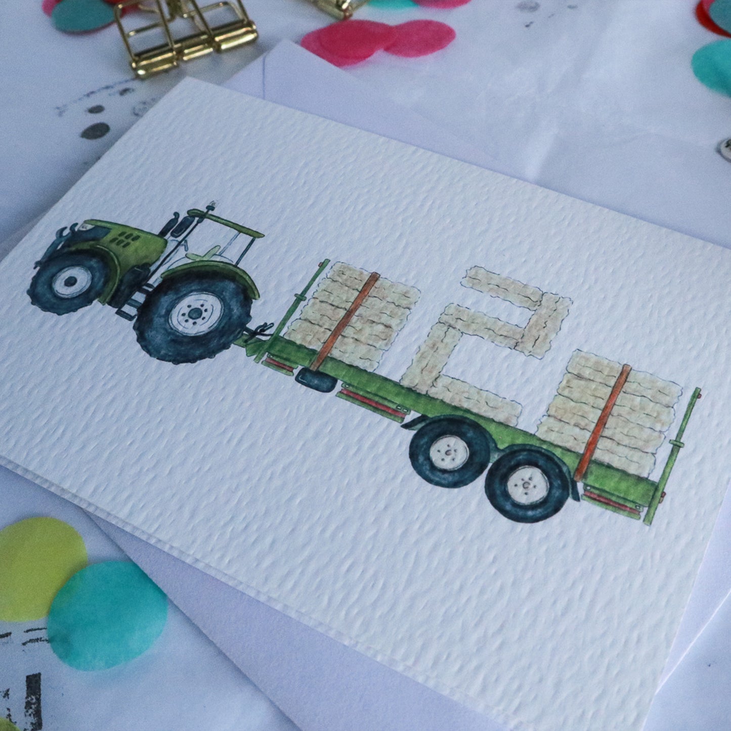 Green Tractor and Trailer 2nd Birthday Card