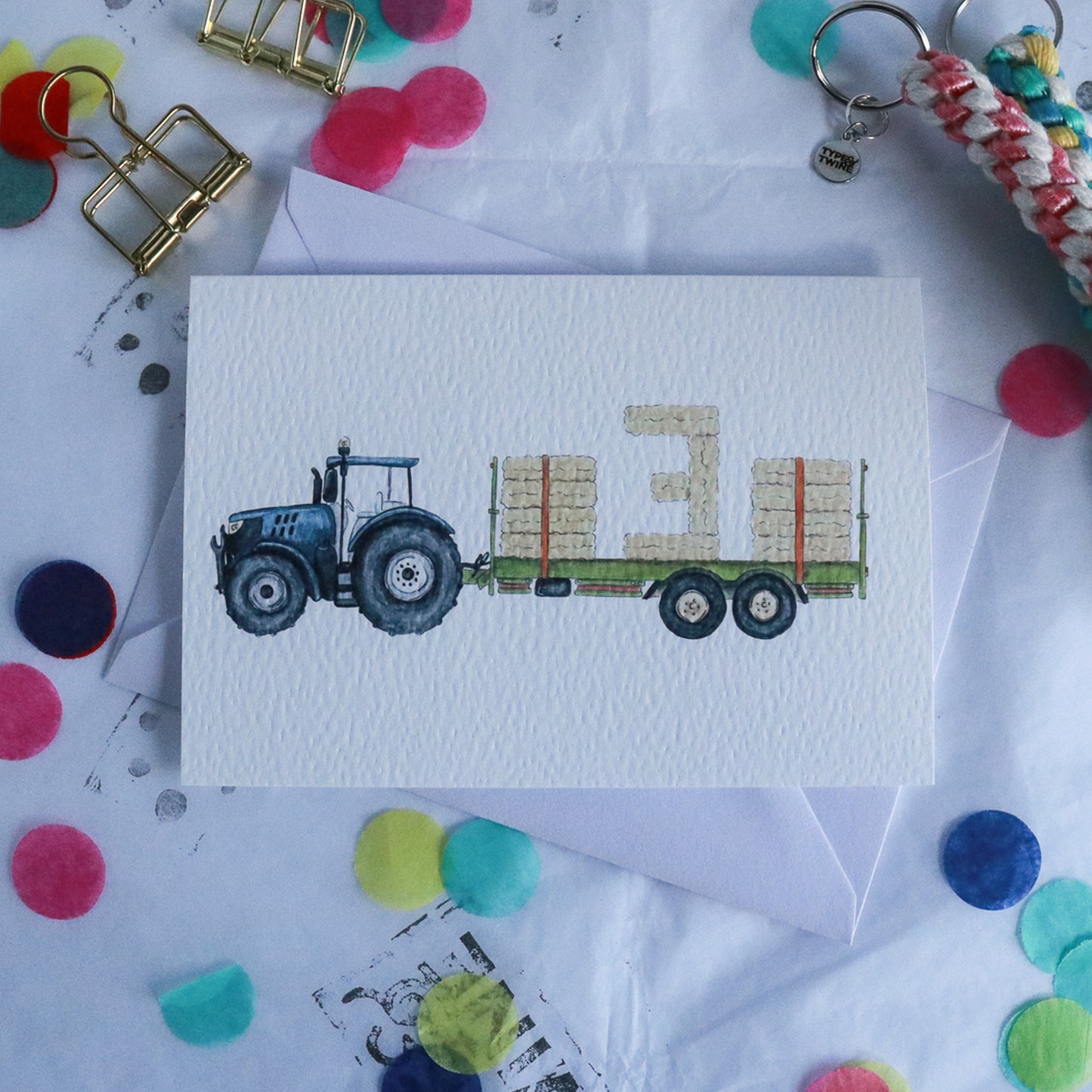 Blue Tractor and Trailer 3rd Birthday Card