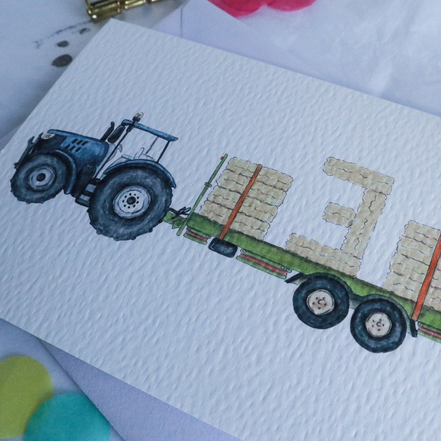 Blue Tractor and Trailer 3rd Birthday Card