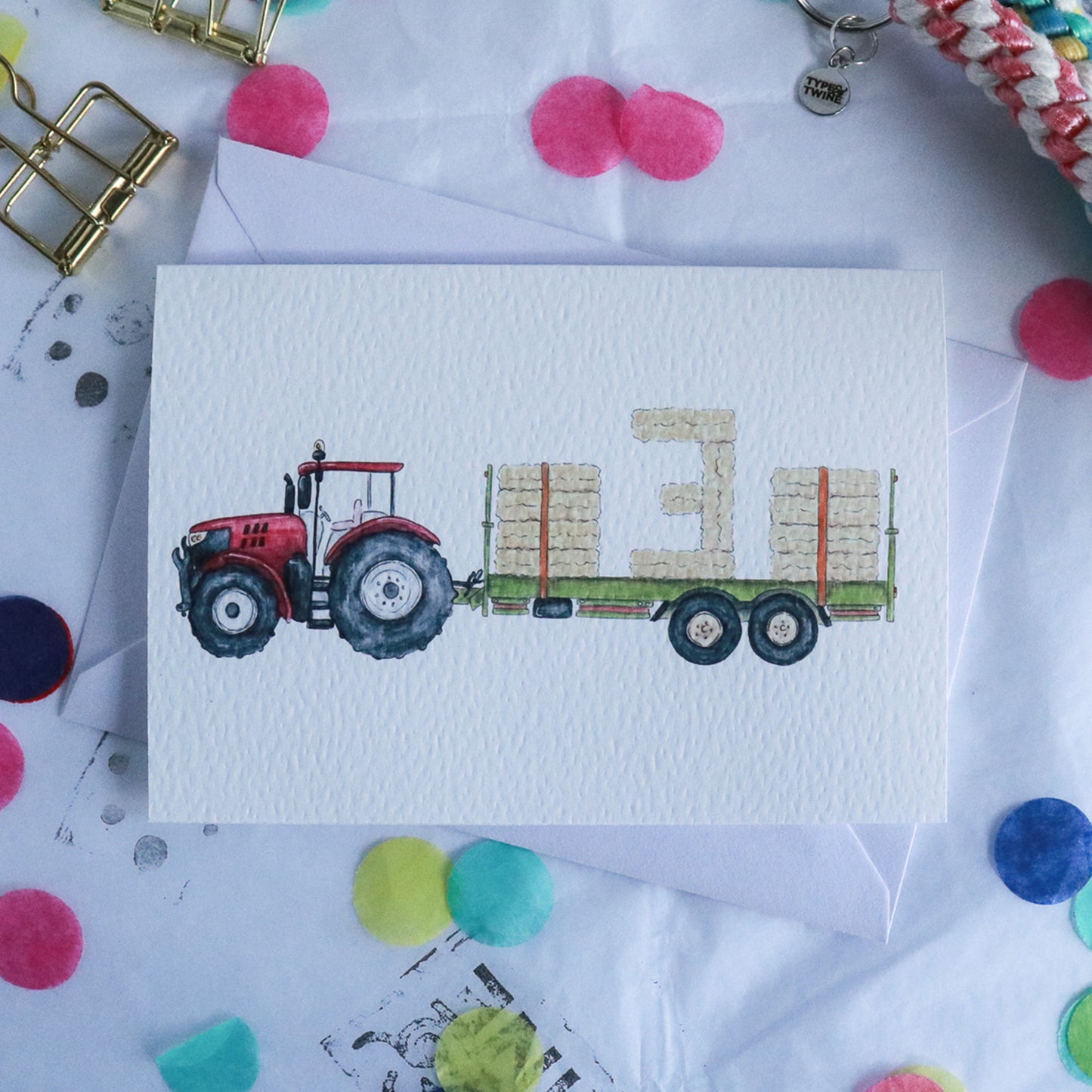 Red Tractor and Trailer 3rd Birthday Card