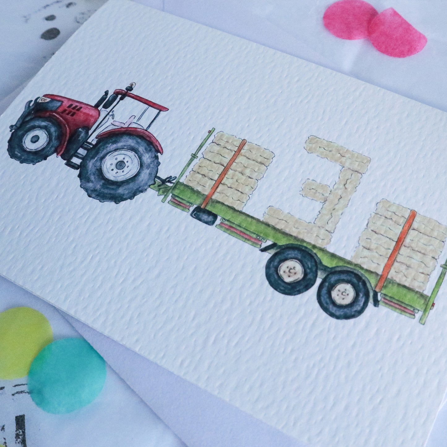 Red Tractor and Trailer 3rd Birthday Card