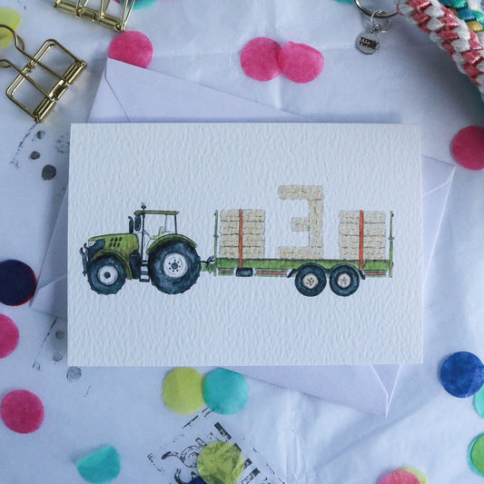 Green Tractor and Trailer 3rd Birthday Card