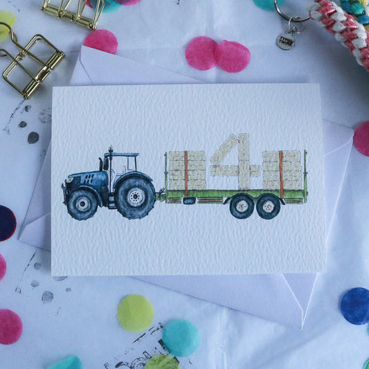 Blue Tractor and Trailer 4th Birthday Card