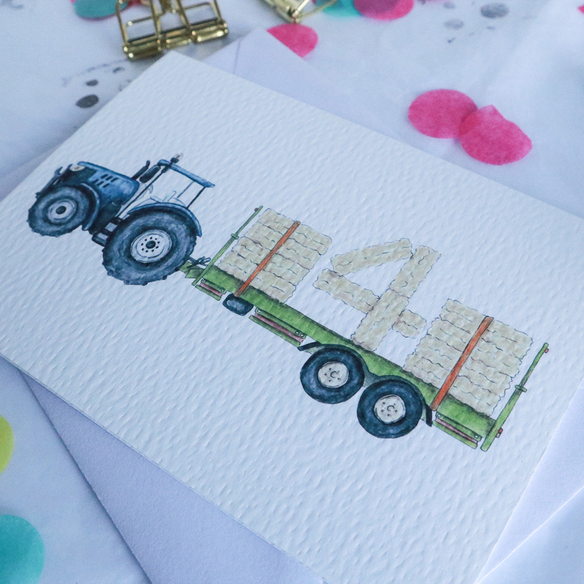 Blue Tractor and Trailer 4th Birthday Card