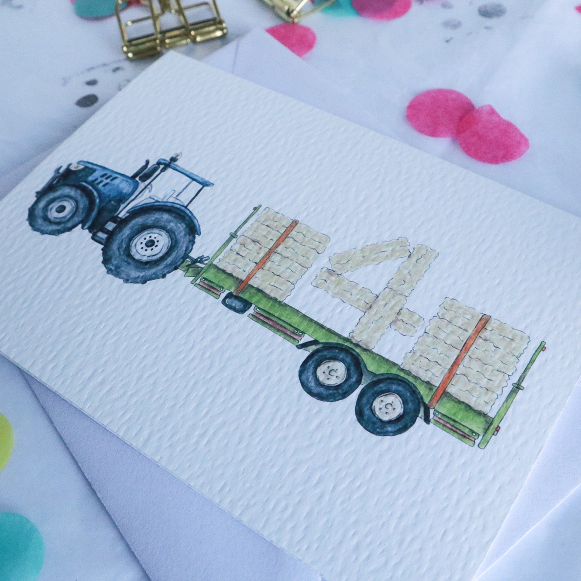 Blue Tractor and Trailer 4th Birthday Card