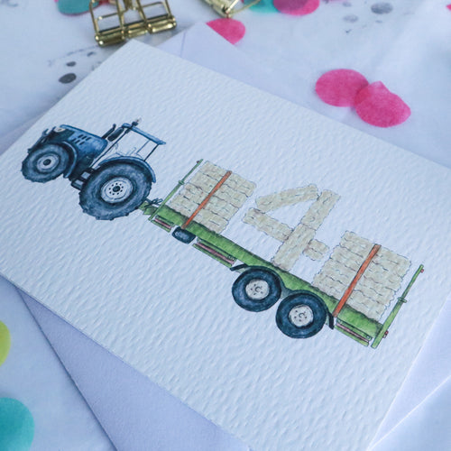 Blue Tractor and Trailer 4th Birthday Card