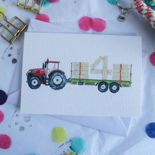 Red Tractor and Trailer 4th Birthday Card