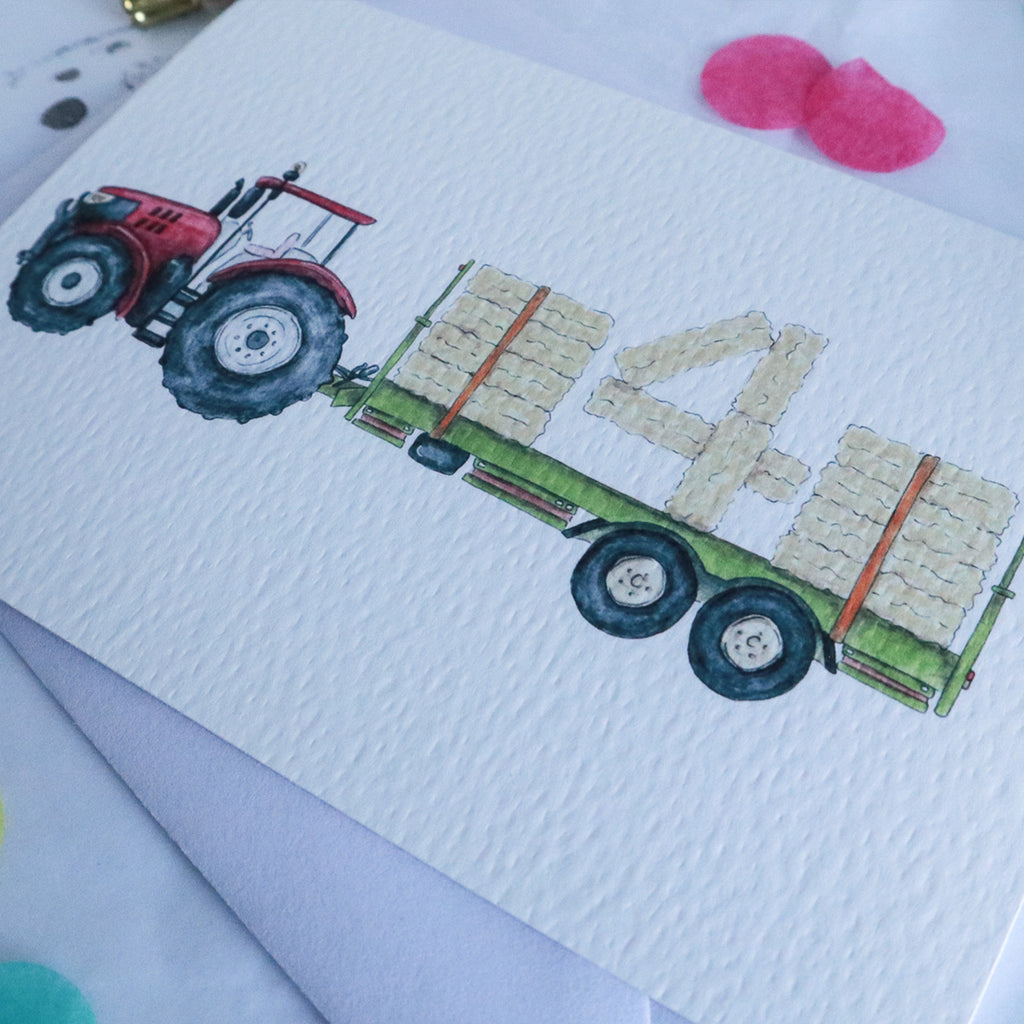 Red Tractor and Trailer 4th Birthday Card
