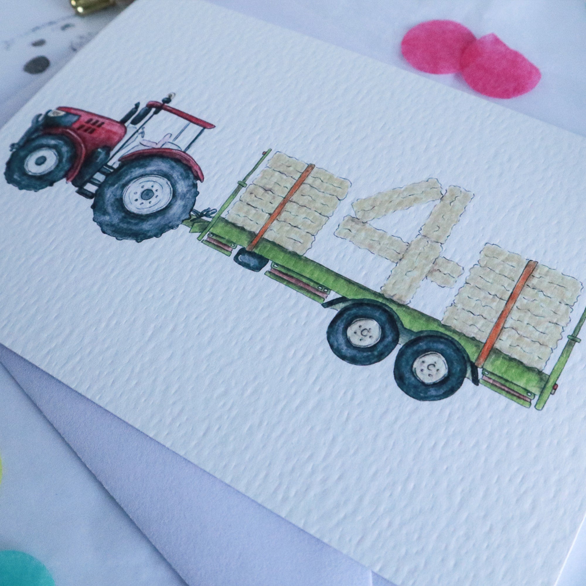 Red Tractor and Trailer 4th Birthday Card