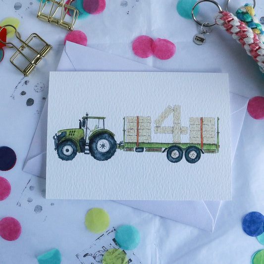 Green Tractor and Trailer 4th Birthday Card