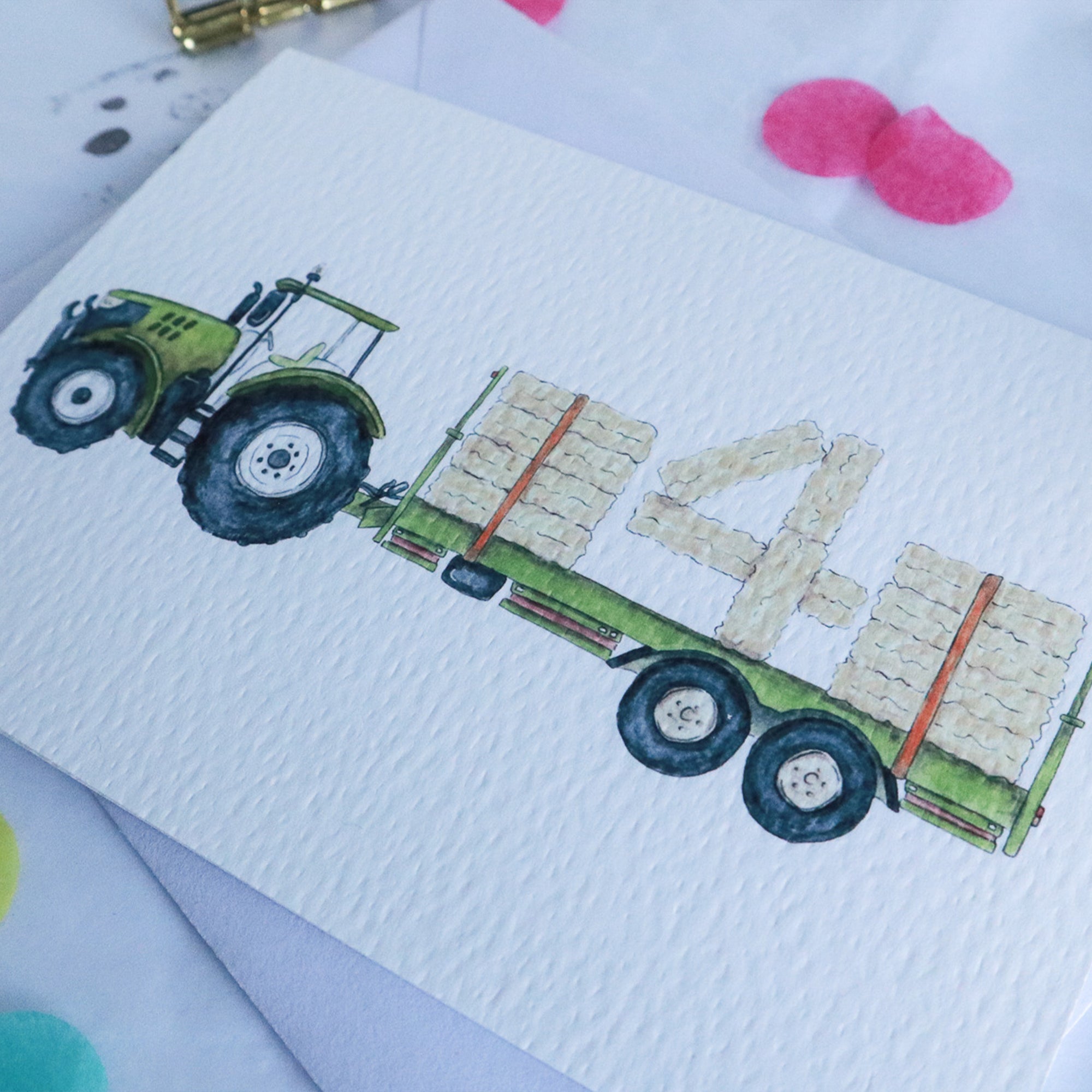Green Tractor and Trailer 4th Birthday Card