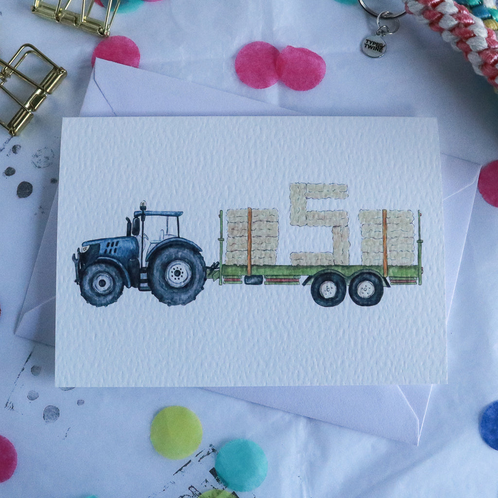 Blue Tractor and Trailer 5th Birthday Card