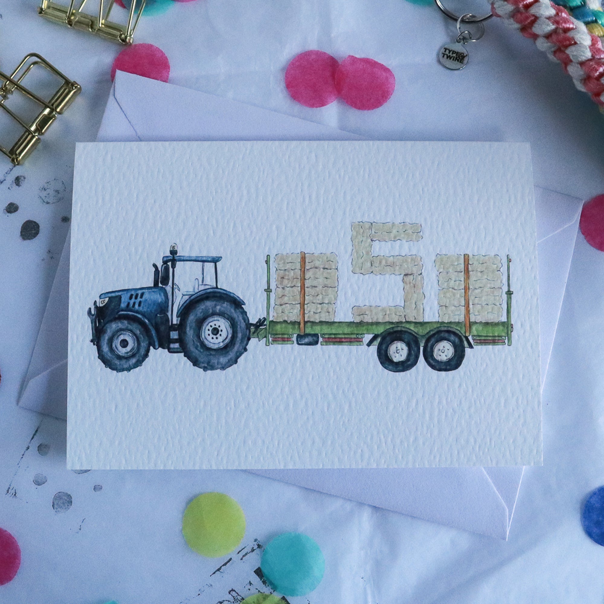 Blue Tractor and Trailer 5th Birthday Card