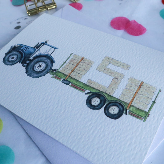 Blue Tractor and Trailer 5th Birthday Card