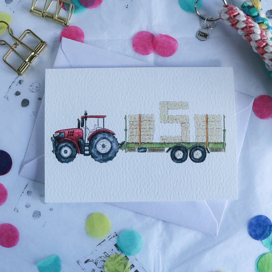 Red Tractor and Trailer 5th Birthday Card