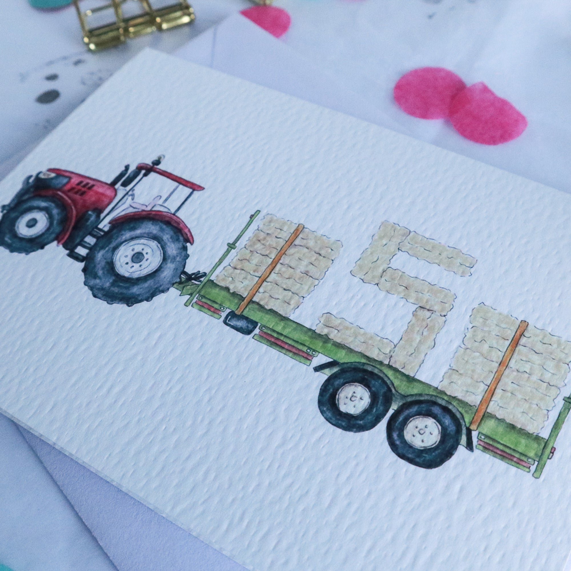 Red Tractor and Trailer 5th Birthday Card