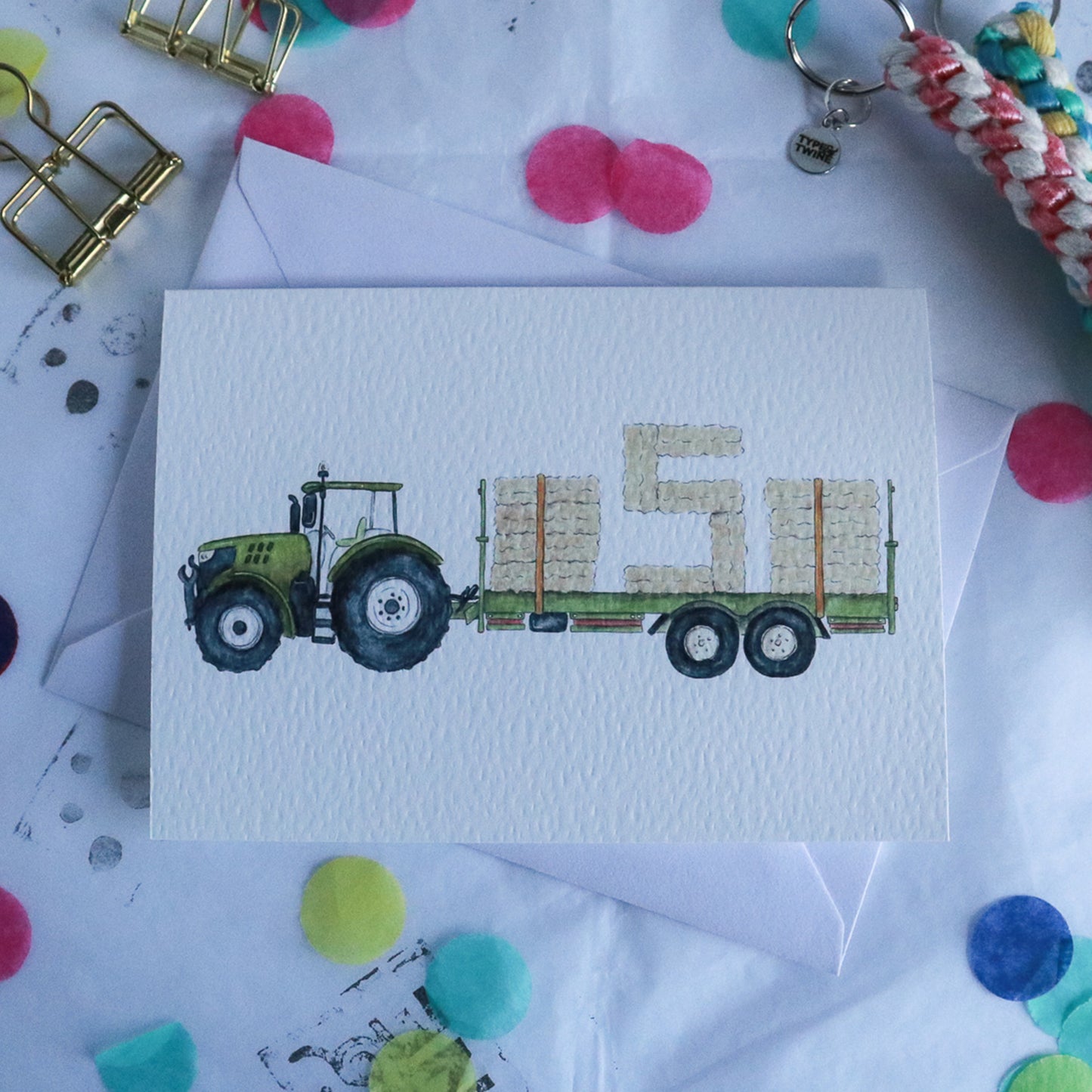 Green Tractor and Trailer 5th Birthday Card