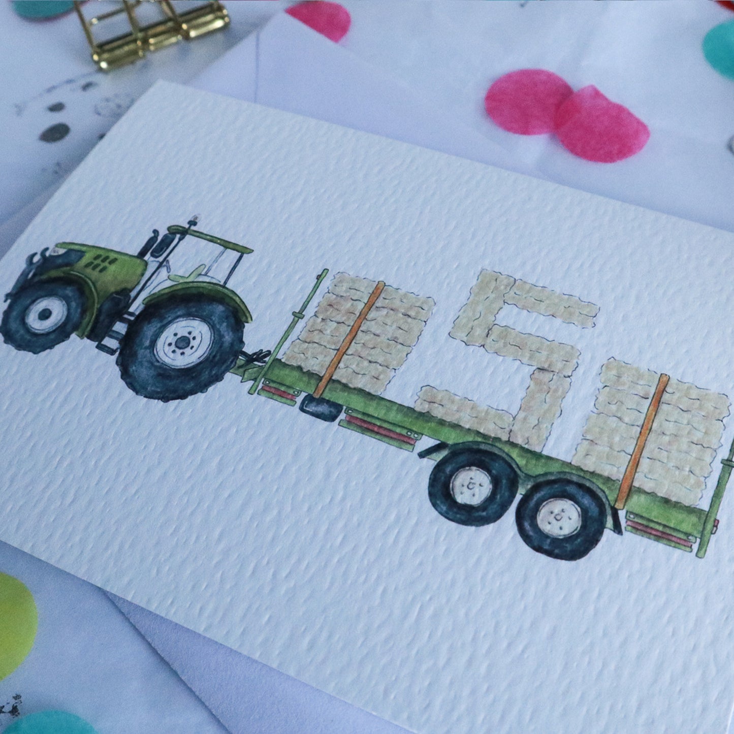 Green Tractor and Trailer 5th Birthday Card