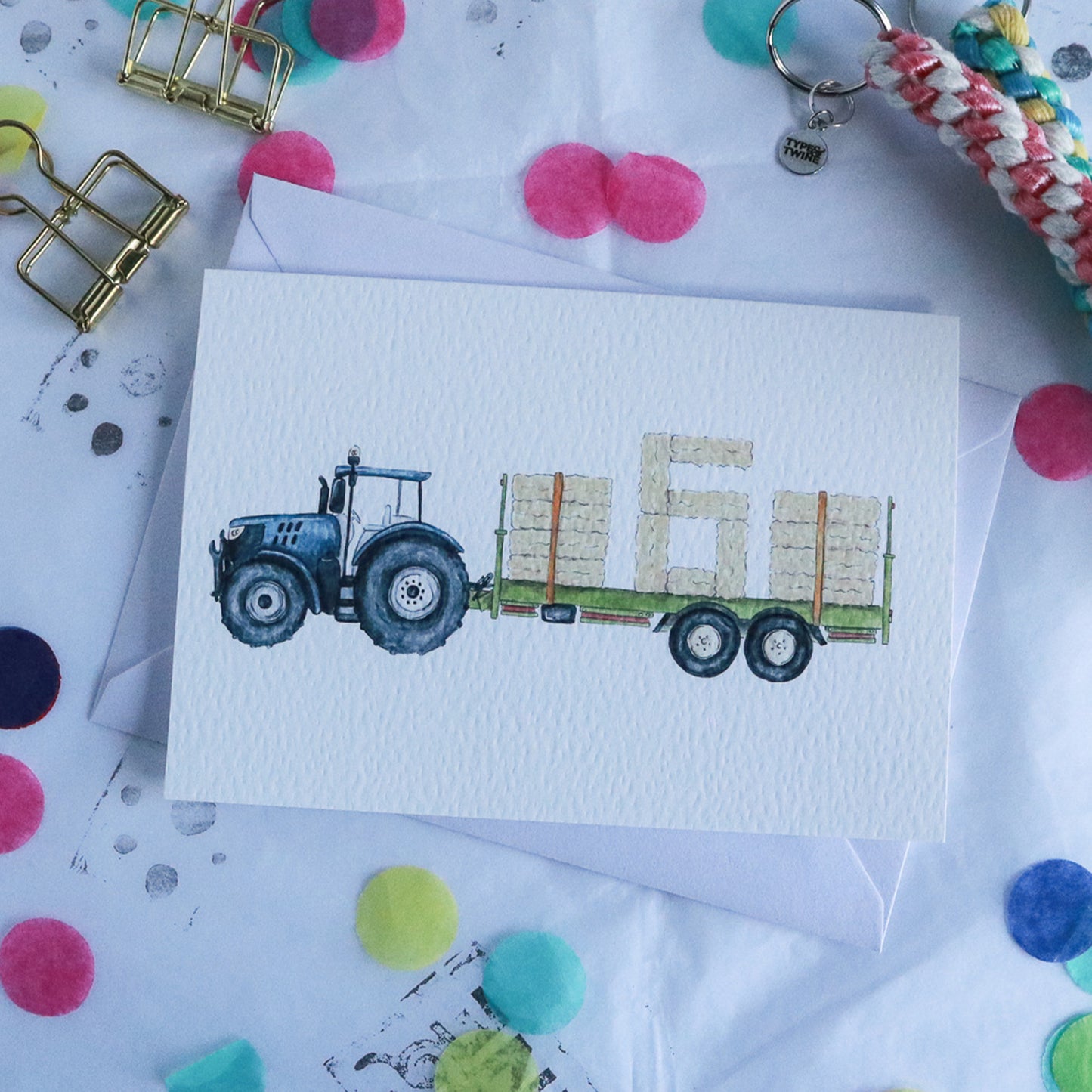 Blue Tractor and Trailer 6th Birthday Card