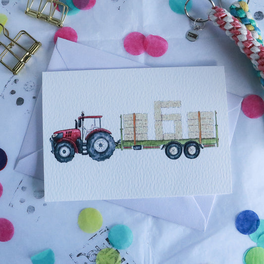 Red Tractor and Trailer 6th Birthday Card