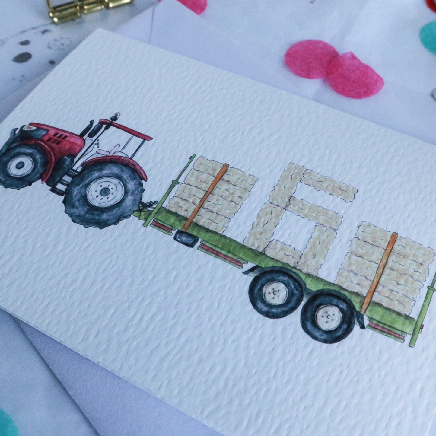 Red Tractor and Trailer 6th Birthday Card