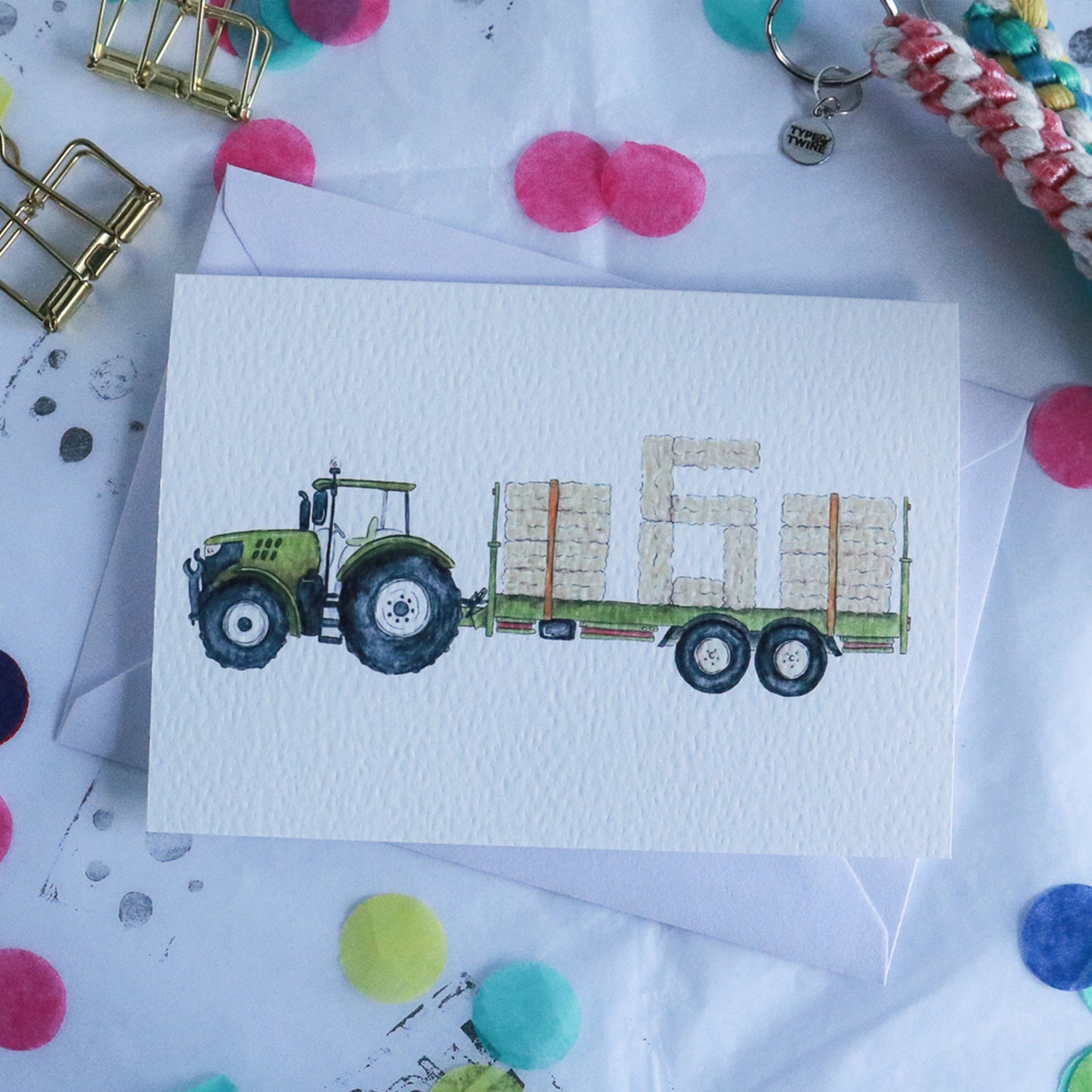 Green Tractor and Trailer 6th Birthday Card