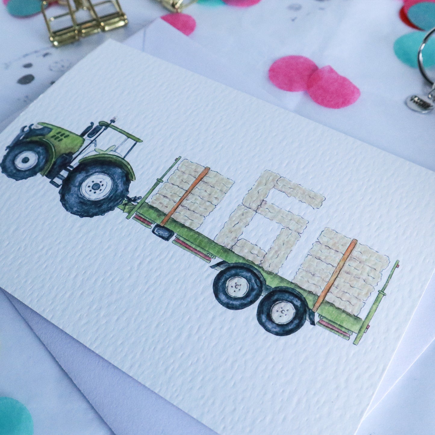 Green Tractor and Trailer 6th Birthday Card