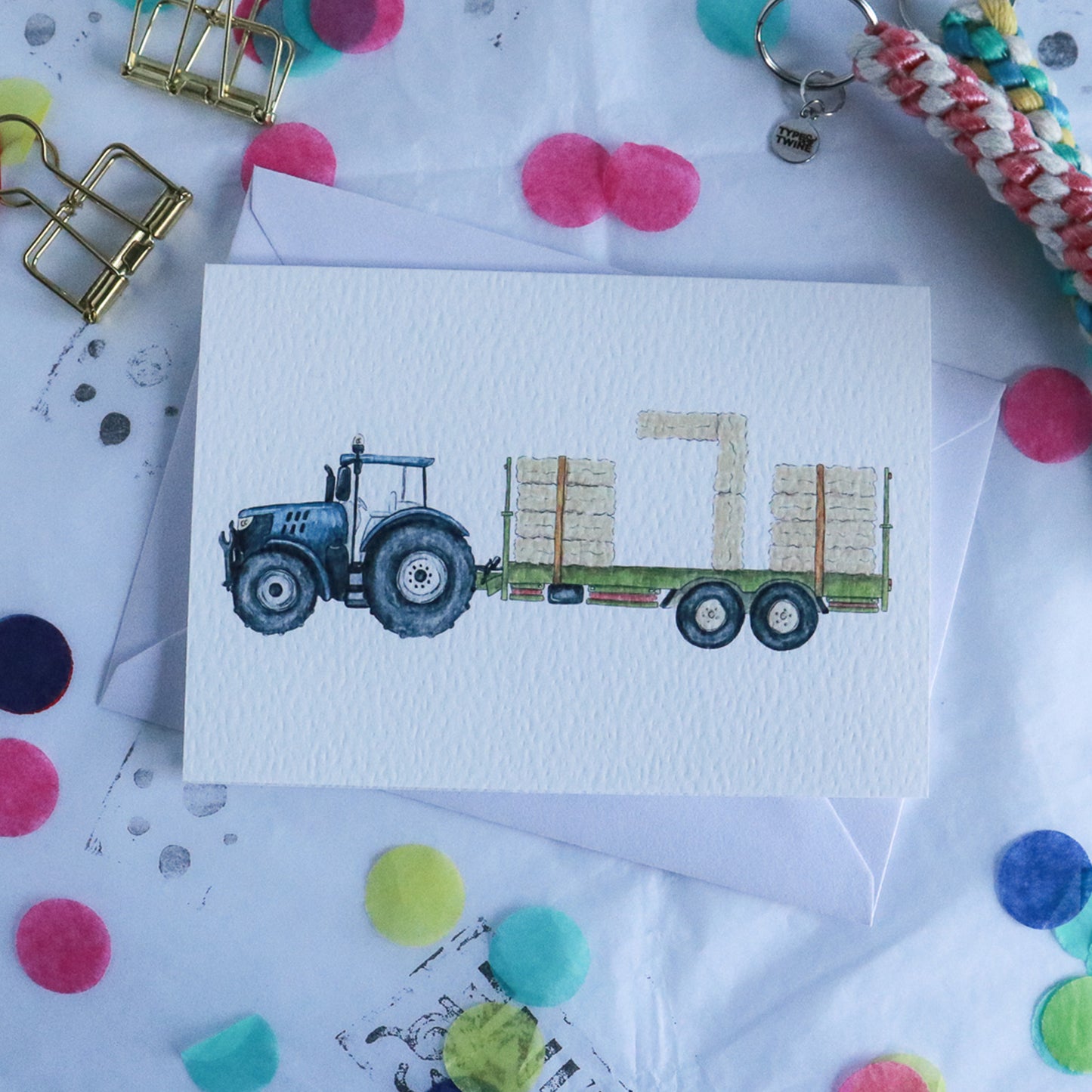 Blue Tractor and Trailer 7th Birthday Card