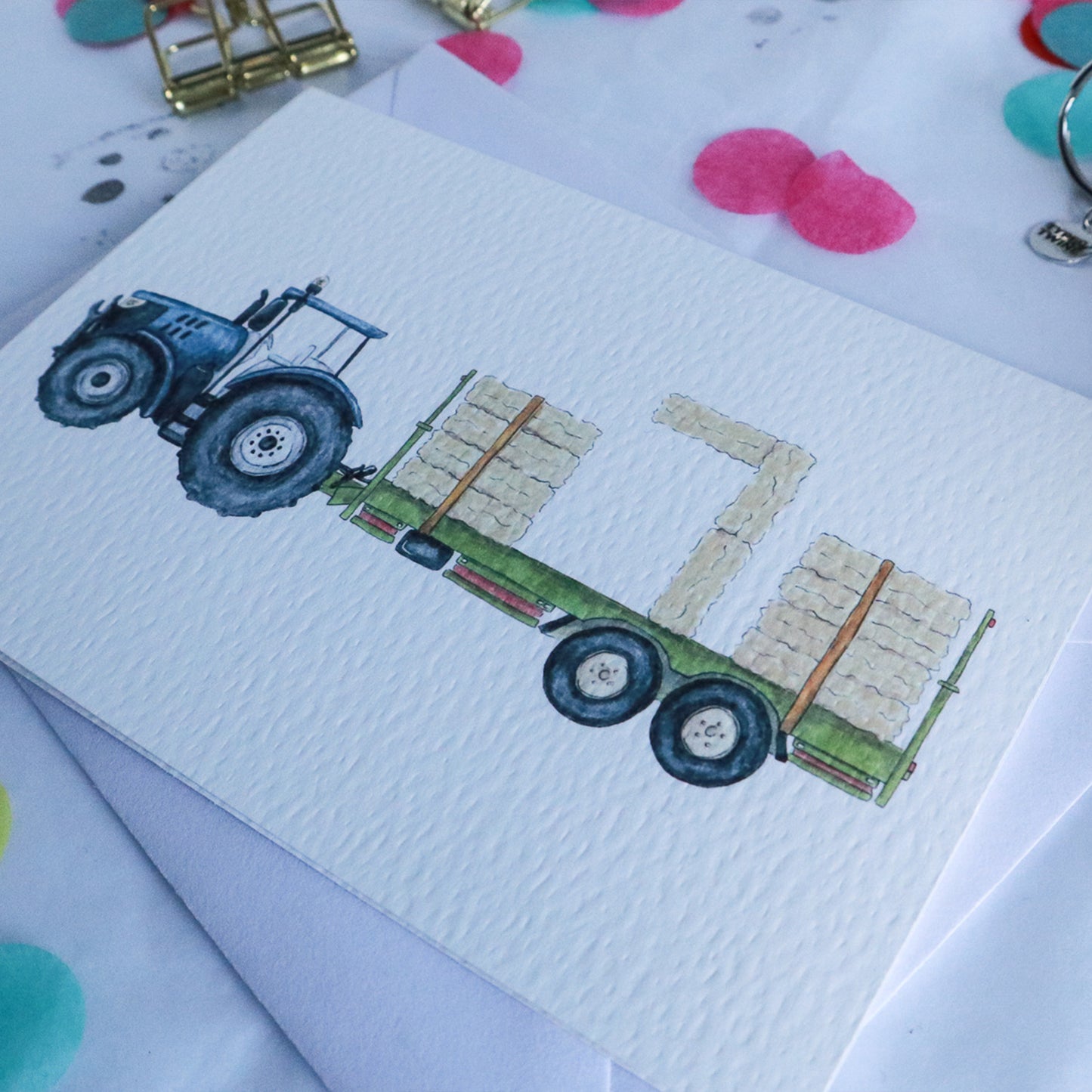 Blue Tractor and Trailer 7th Birthday Card