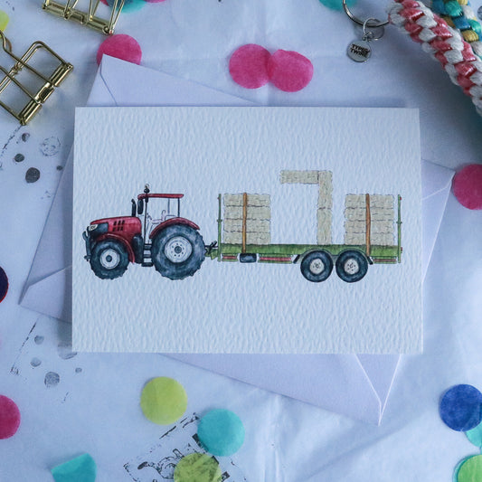 Red Tractor and Trailer 7th Birthday Card