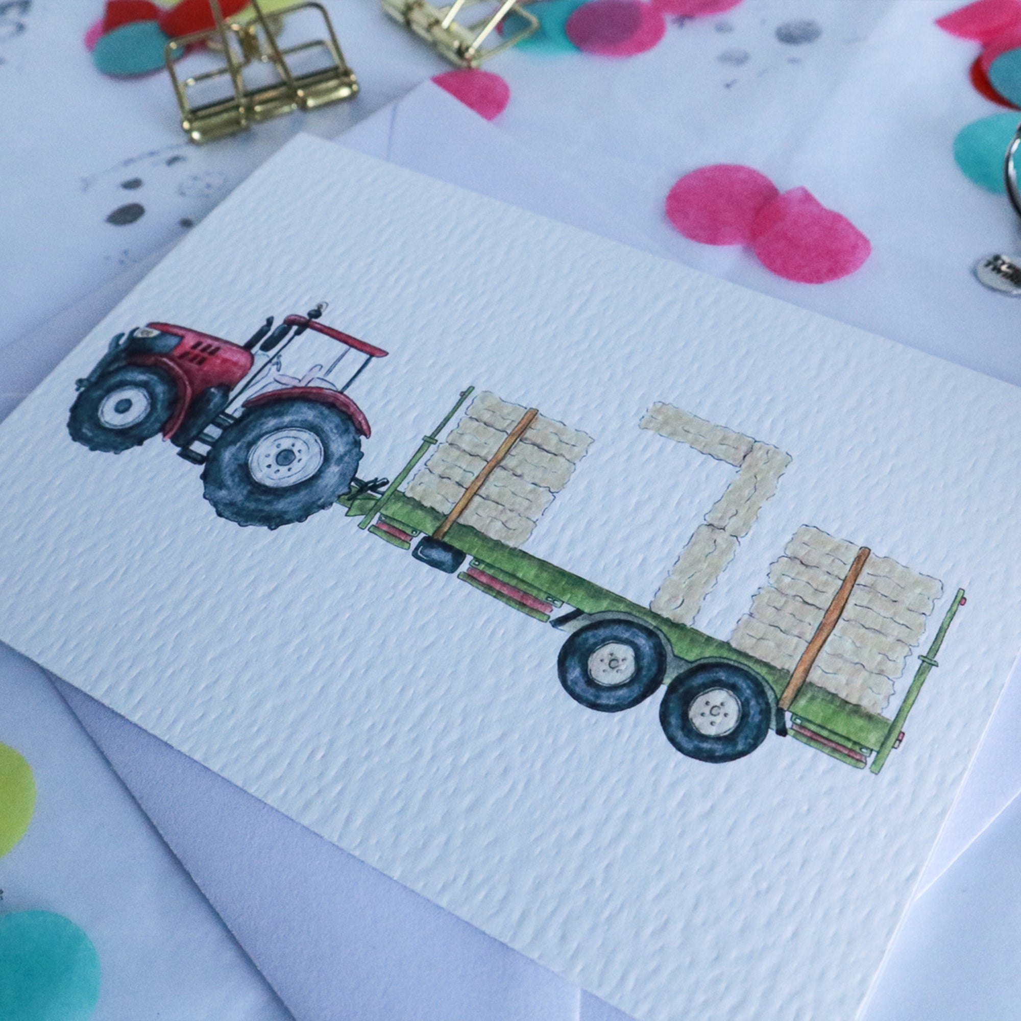 Red Tractor and Trailer 7th Birthday Card
