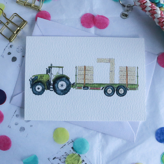 Green Tractor and Trailer 7th Birthday Card