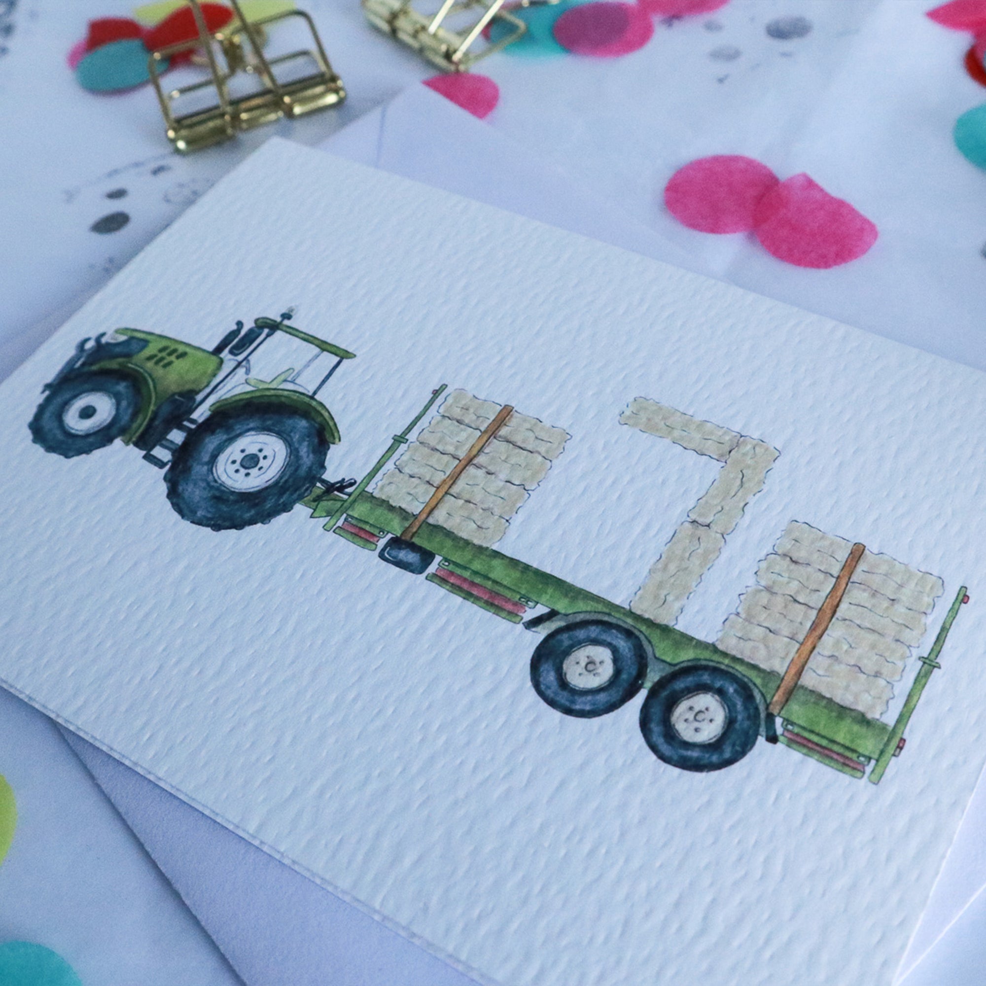 Green Tractor and Trailer 7th Birthday Card